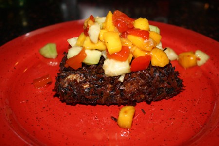 Chocolate coconut halibut, topped with mango salsa. 